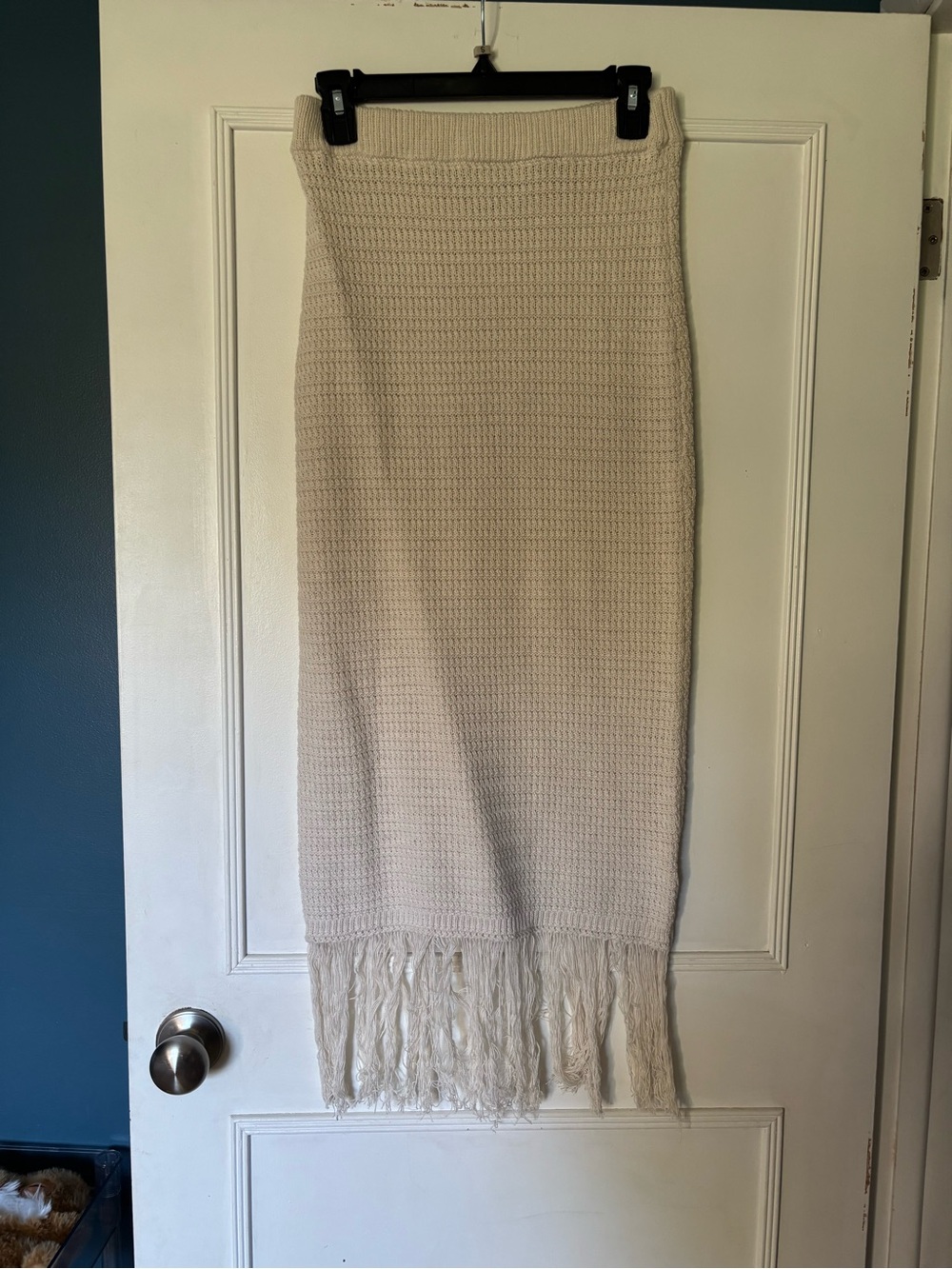 Freshman Cream Knit Maxi Skirt with Fringe Hem